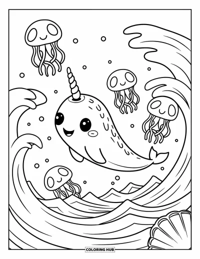Coloriage de baleine pour adultes : Un narval heureux saute à travers les vagues tandis que des méduses joyeuses se balancent autour des coquillages