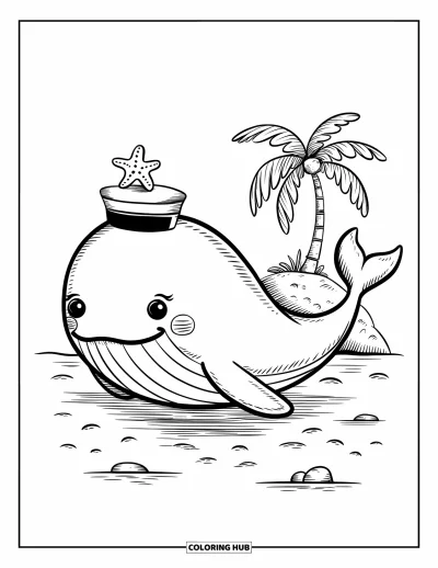 Coloriage de baleine pour adultes : Une baleine heureuse portant un chapeau de marin flotte près d'une petite île, équilibrant doucement une étoile de mer