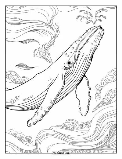 Coloriage de baleine pour adultes : Une baleine à bosse souffle de l'air de son évent, entourée de vagues océaniques tourbillonnantes