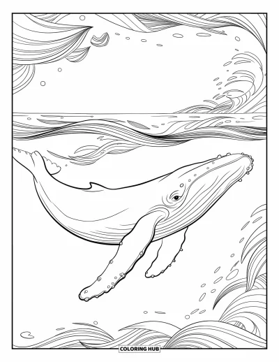 Coloriage de baleine pour adultes : Une baleine à bosse glisse dans le vaste océan, avec des vagues tourbillonnantes façonnant l'arrière-plan