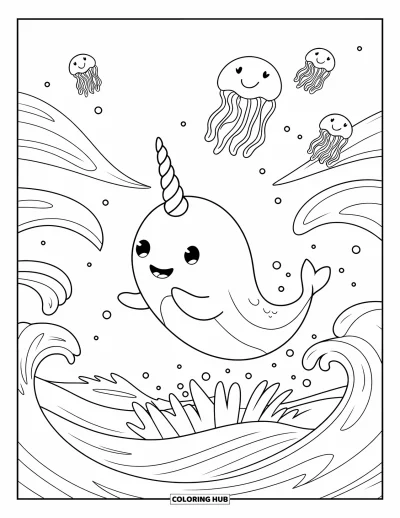 Coloriage de baleine pour adultes : Un narval joyeux saute à travers la mer, entouré de méduses amicales et de douces vagues déferlantes