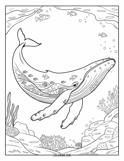 Coloriage de baleine pour adultes : Une baleine majestueuse nage dans la mer, son corps rempli de poissons, de coraux et de vagues océaniques