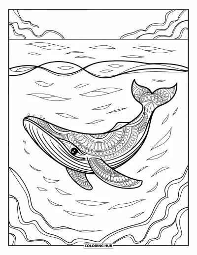 Coloriage de baleine pour adultes : Une baleine à motifs de mandala se déplace dans la mer, avec des vagues et des rochers en arrière-plan