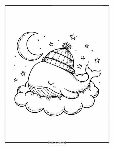 Coloriage de baleine pour adultes : Une baleine endormie portant un chapeau rayé se repose sur un nuage, avec un croissant de lune brillant au-dessus