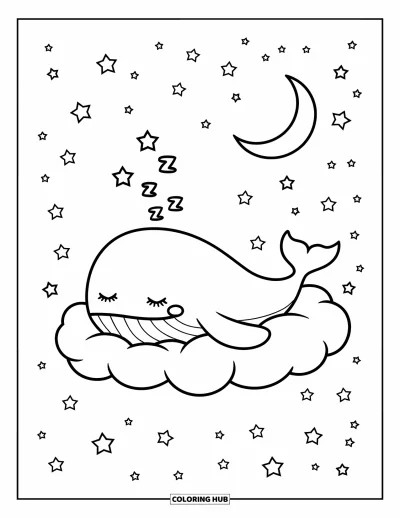 Coloriage de baleine pour adultes : Une baleine endormie se repose paisiblement sur un nuage moelleux, entourée d'étoiles scintillantes et d'un croissant de lune