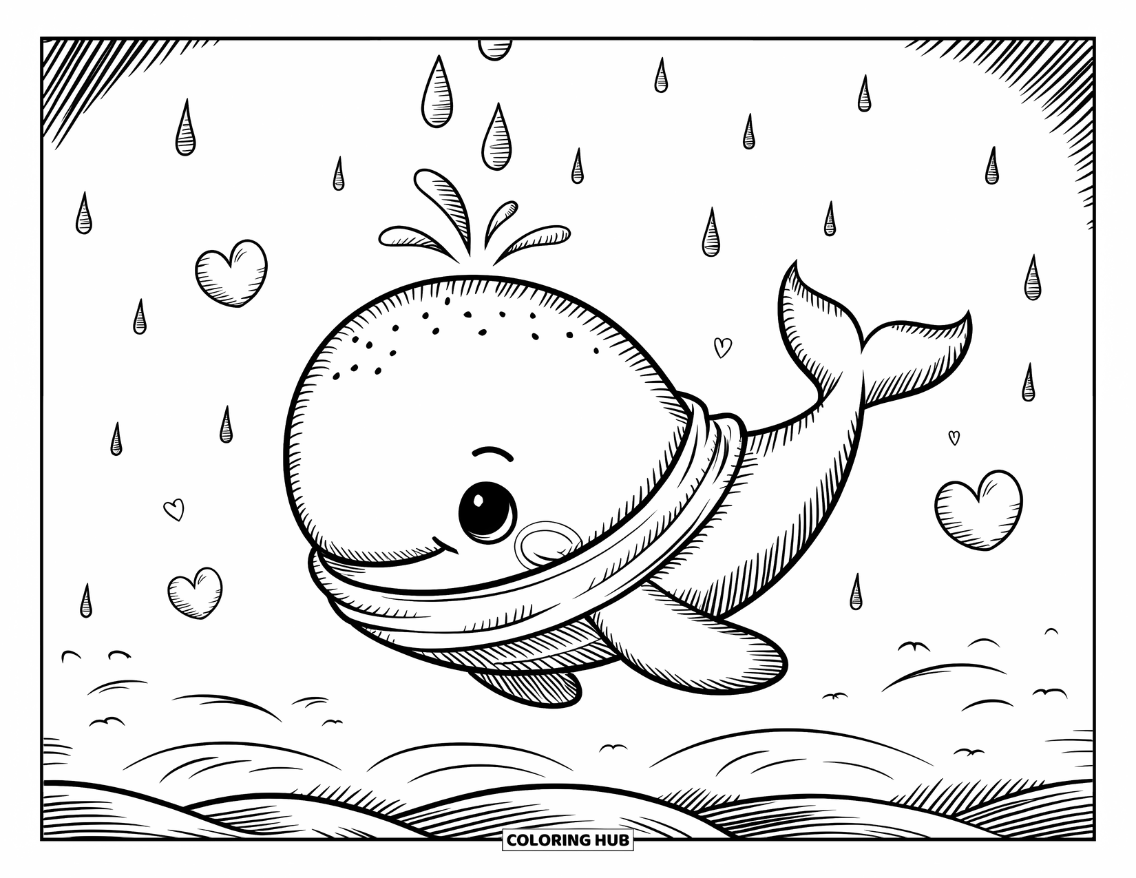 Whale Coloring Page for Adults: A soft, fluffy whale in a scarf swims under raindrop-shaped bubbles with stars and hearts