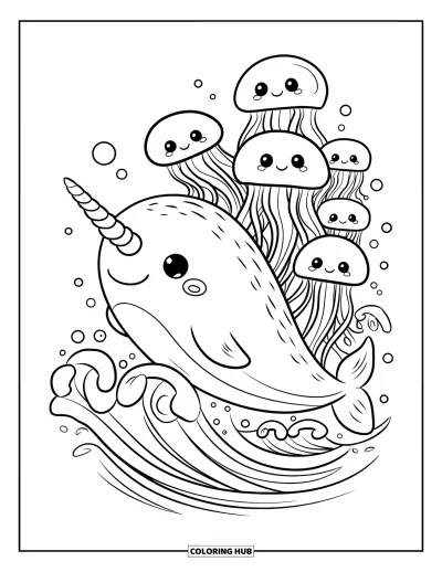 Coloriage de baleine pour adultes : Un petit narval avec une corne bouclée saute joyeusement à travers les vagues, entouré de méduses souriantes