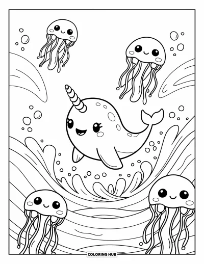 Coloriage de baleine pour adultes : Un petit narval avec une corne en spirale rebondit à travers de douces vagues, avec des méduses flottant à proximité