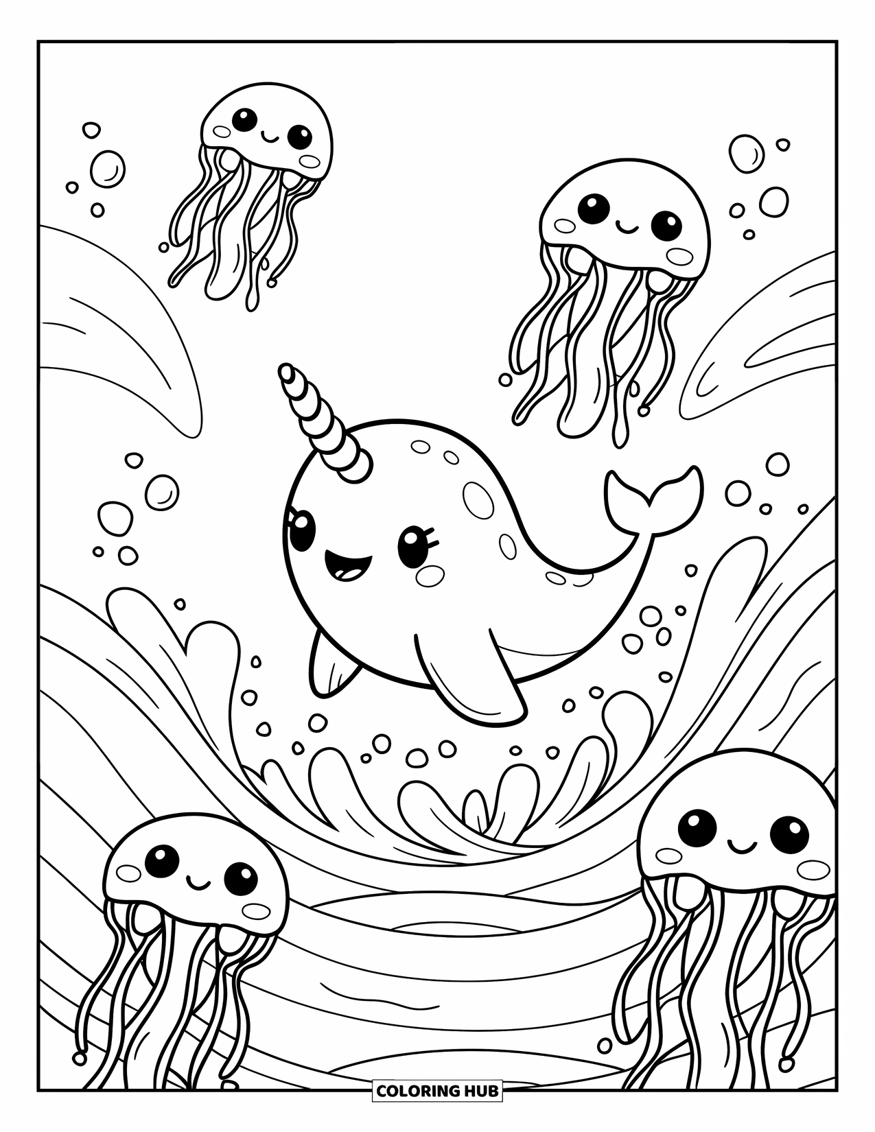 Whale Coloring Page for Adults: A tiny narwhal with a spiral horn bounces through gentle waves, with jellyfish floating nearby