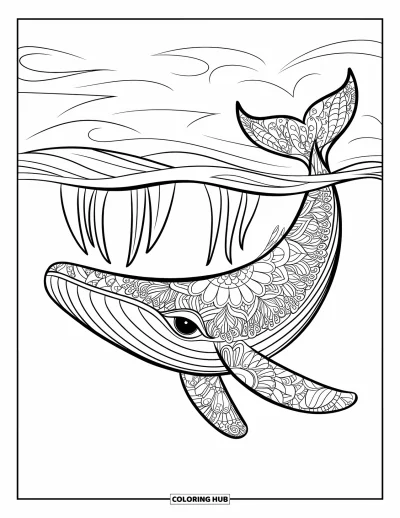 Coloriage de baleine pour adultes : Une baleine ornée de motifs floraux de mandala nage élégamment dans l'océan paisible