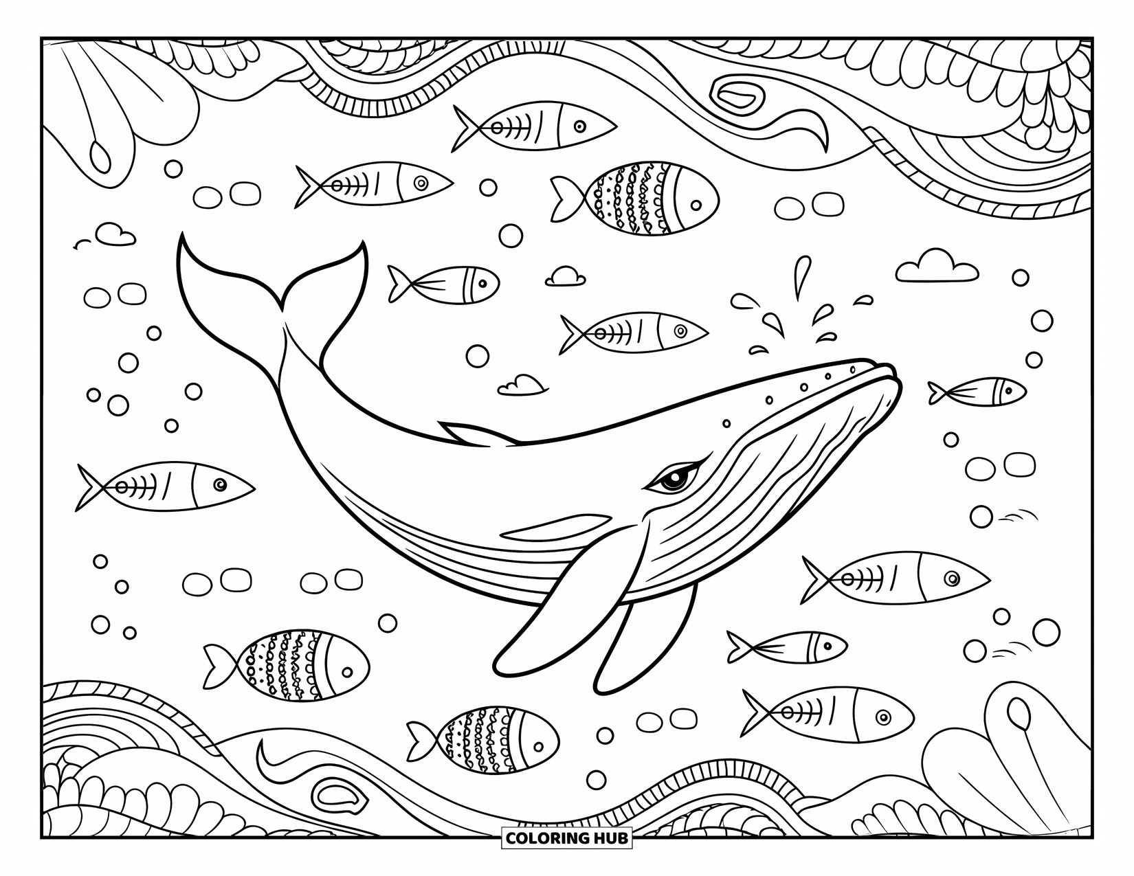 Whale Coloring Page for Adults: A whale drifts peacefully, enveloped by an intricate mix of waves, fish, and swirling patterns