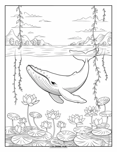 Coloriage de baleine pour adultes : Une baleine flotte au-dessus d'eaux remplies de lotus, entourée de vignes et d'un paysage montagneux pittoresque