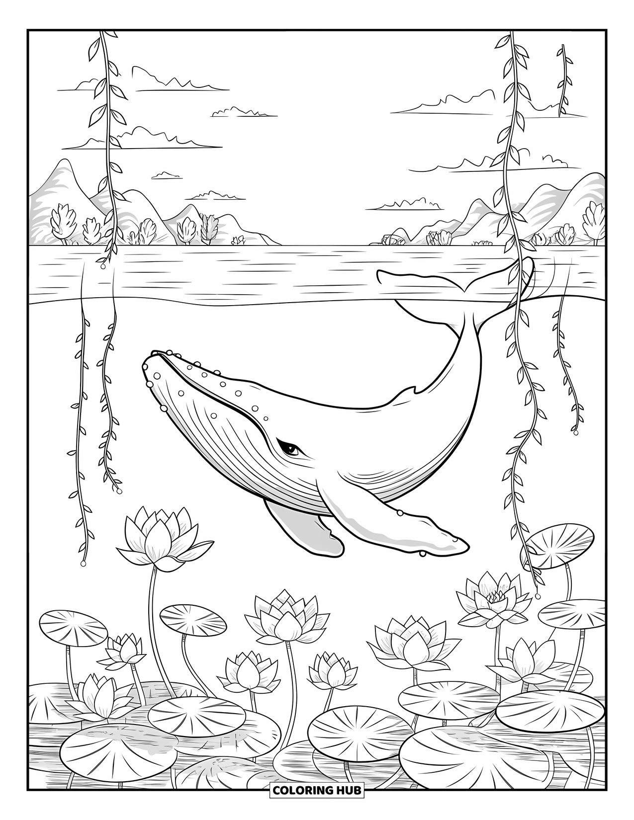 Whale Coloring Page for Adults: A whale floats above lotus-filled waters, surrounded by vines and a scenic mountain landscape