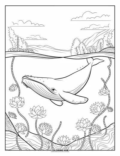 Coloriage de baleine pour adultes : Une baleine nage dans une mer de fleurs de lotus, avec des vignes s'enroulant doucement autour d'elle