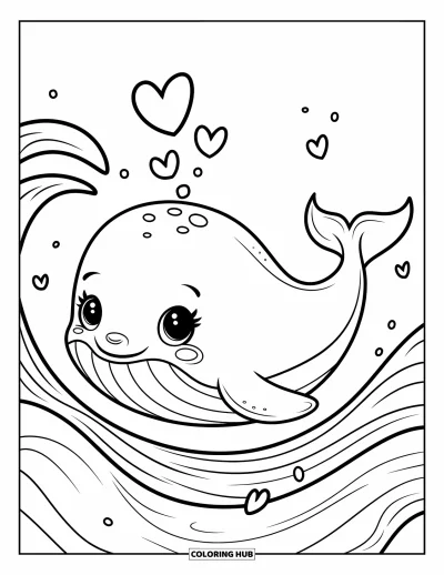 Coloriage de baleine pour adultes : Un bébé baleine aux yeux écarquillés flotte dans l'océan, de minuscules bulles en forme de cœur s'élevant autour de lui