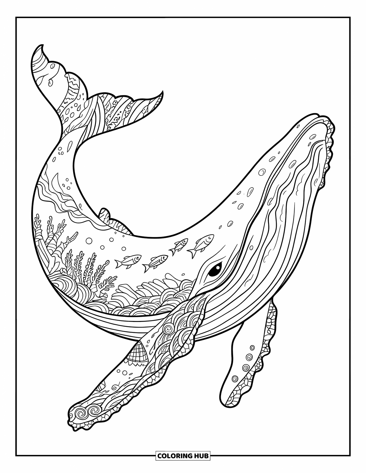 Whale Coloring Page for Adults: An intricately designed whale contains a hidden underwater world of fish, waves, and corals