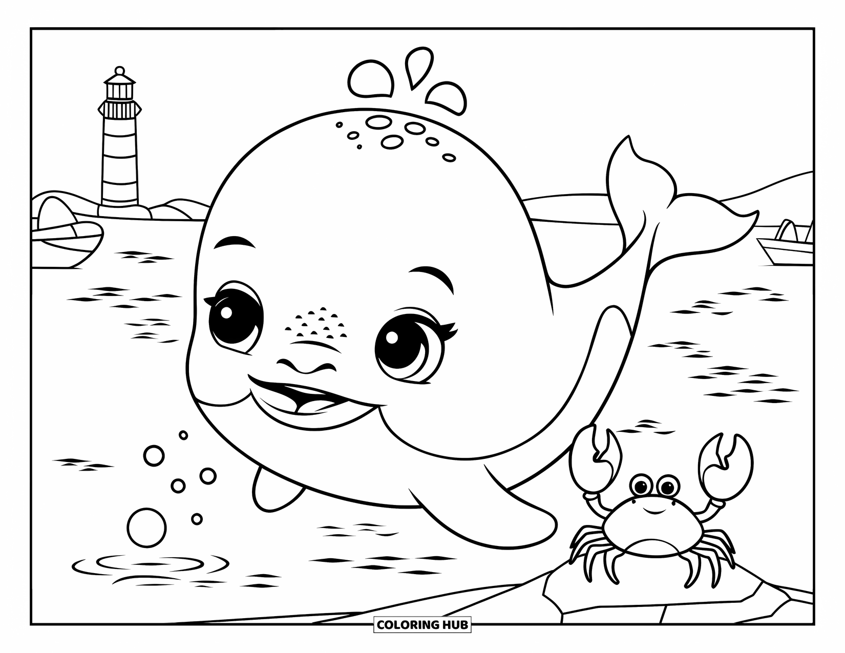 Whale Coloring Page for Kids: A baby whale blows tiny bubbles while a crab watches from a rock nearby
