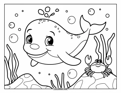 Coloriage de baleine pour enfants : Un bébé baleine souffle joyeusement des bulles tandis qu'un petit crabe est assis sur un rocher à proximité