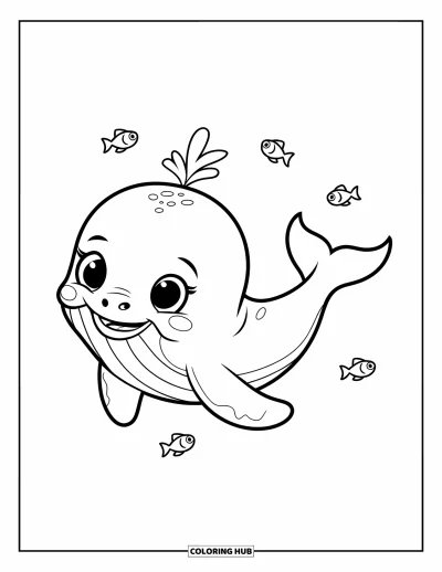 Coloriage de baleine pour enfants : Un bébé baleine nage avec une pose ludique, entouré de minuscules poissons en pleine mer