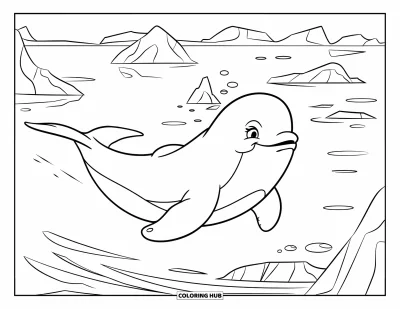 Coloriage de baleine pour enfants : Un béluga glisse dans les eaux glacées de l'Arctique, entouré d'icebergs flottants et de vagues calmes