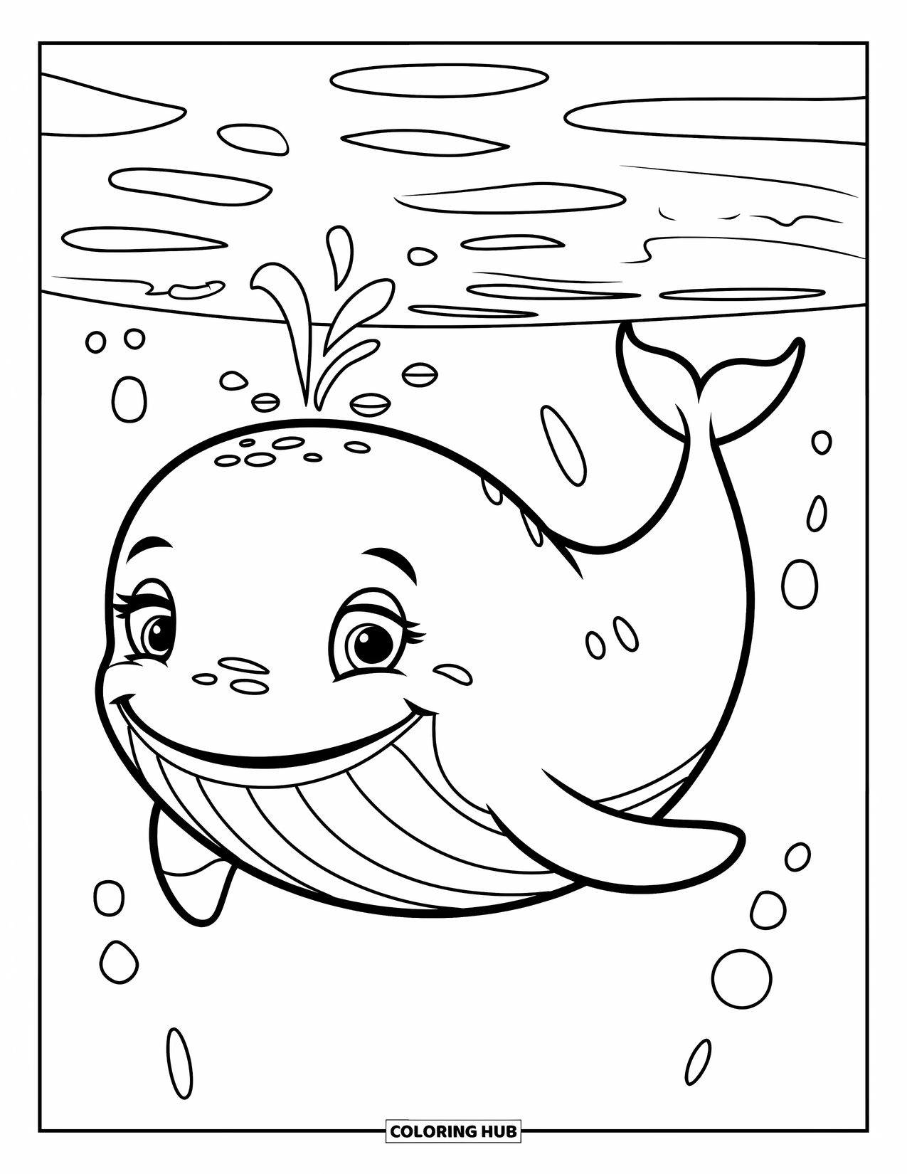 Whale Coloring Page for Kids: A big, happy whale floats in the sea, tiny bubbles rising in the peaceful water