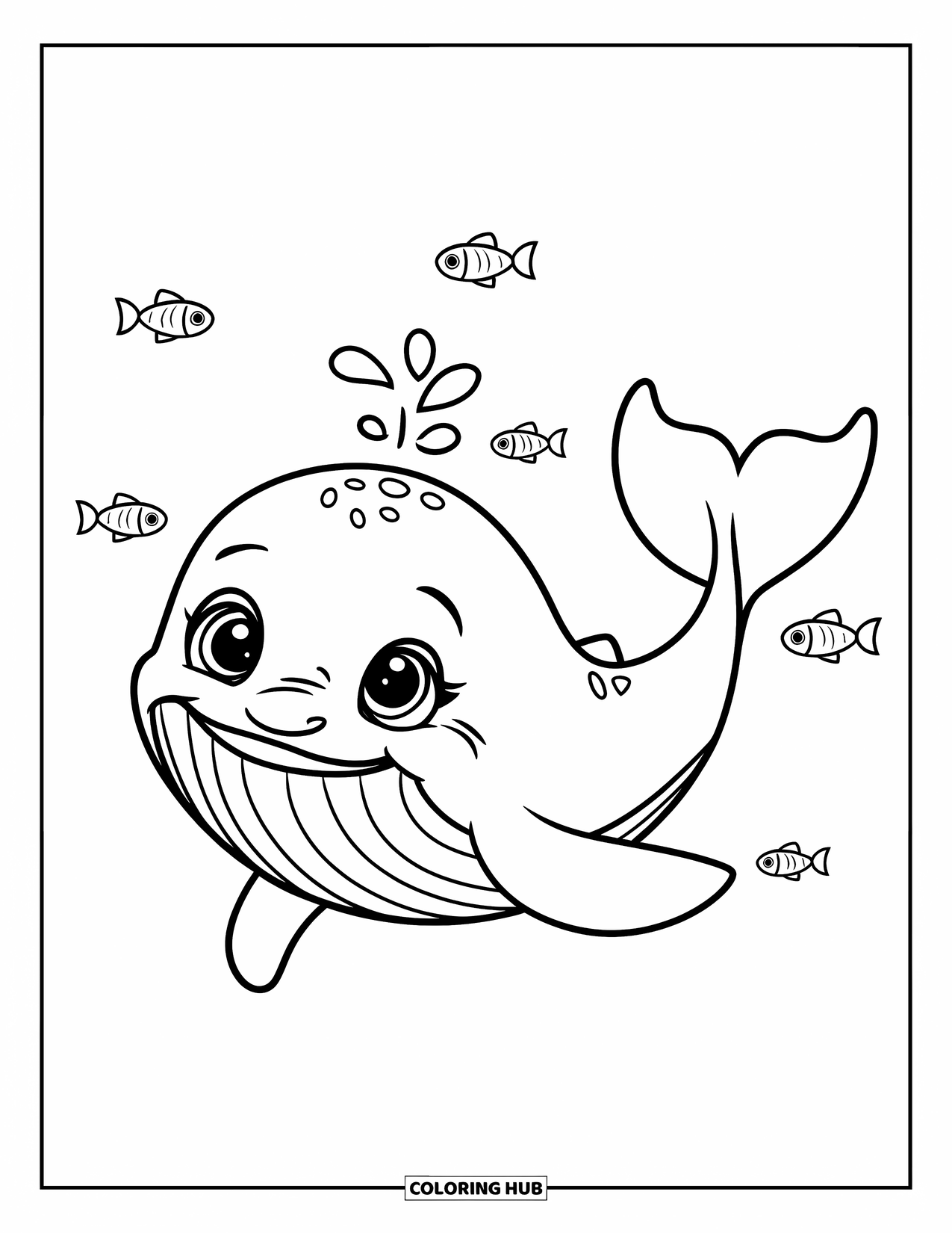 Whale Coloring Page for Kids: A cheerful baby whale floats in the water, playful fish swimming nearby