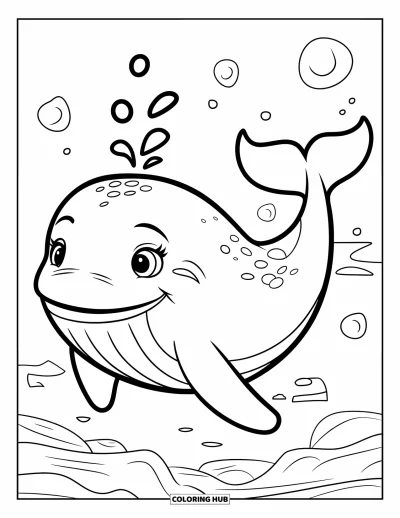 Coloriage de baleine pour enfants : Une baleine joyeuse se balance dans l'océan, des bulles entourant son visage rond et souriant