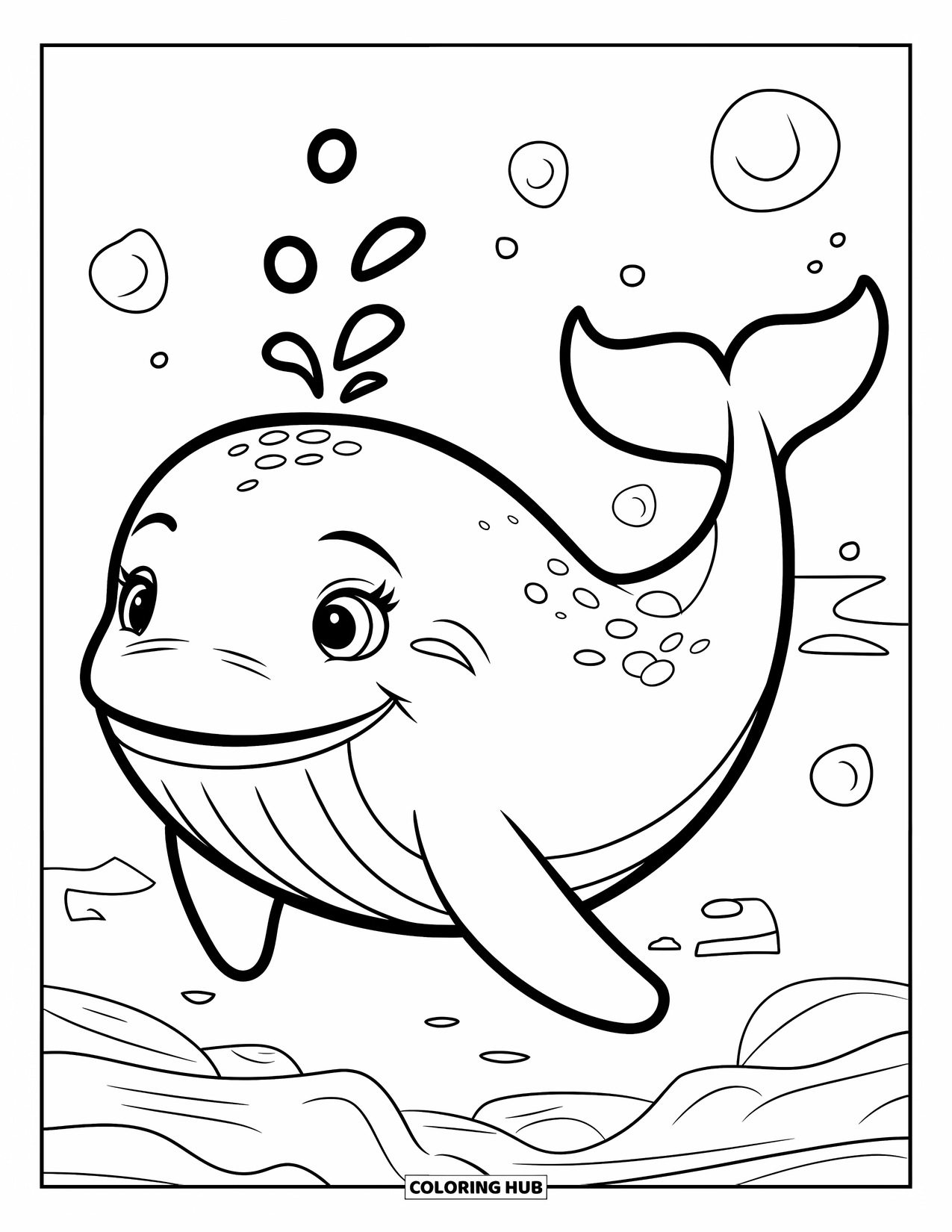 Whale Coloring Page for Kids: A cheerful whale bobs in the ocean, bubbles surrounding its round, smiling face