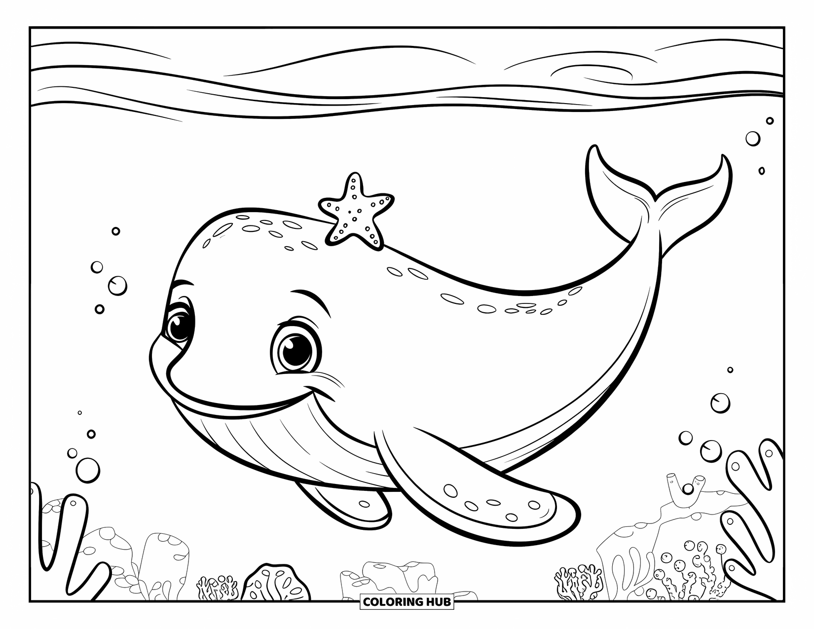 Whale Coloring Page for Kids: A cheerful whale carries a tiny starfish on its back, drifting through calm ocean waters