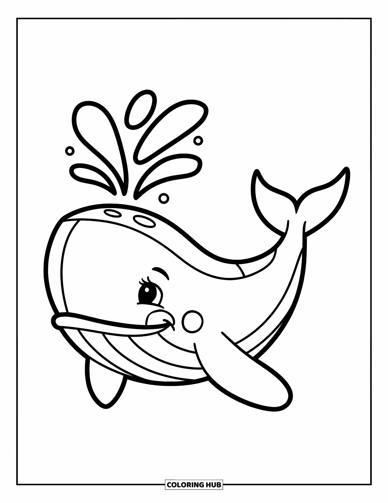 Whale Coloring Page for Kids: A cheerful whale sprays water from its blowhole, floating peacefully in the sea