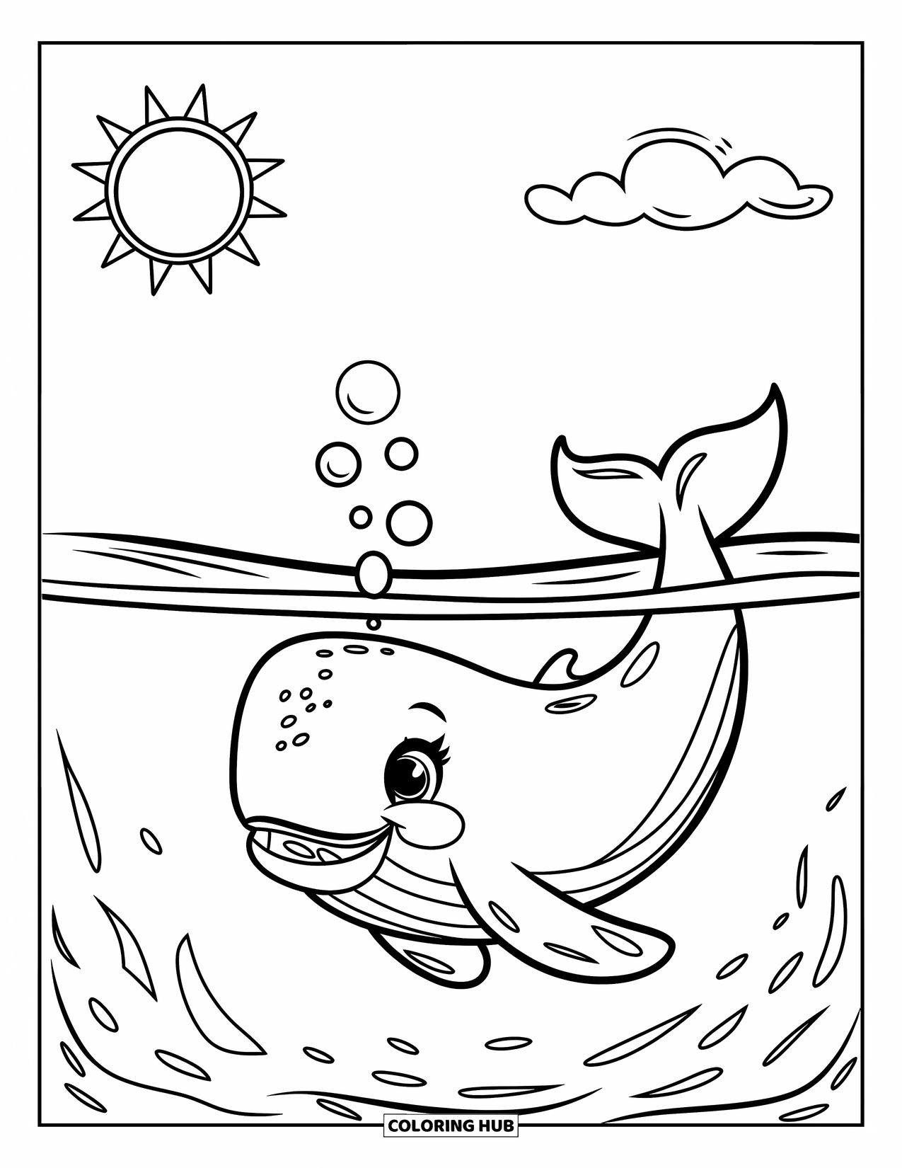 Whale Coloring Page for Kids: A cheerful whale swims under a bright sun, a small cloud drifting in the calm sky