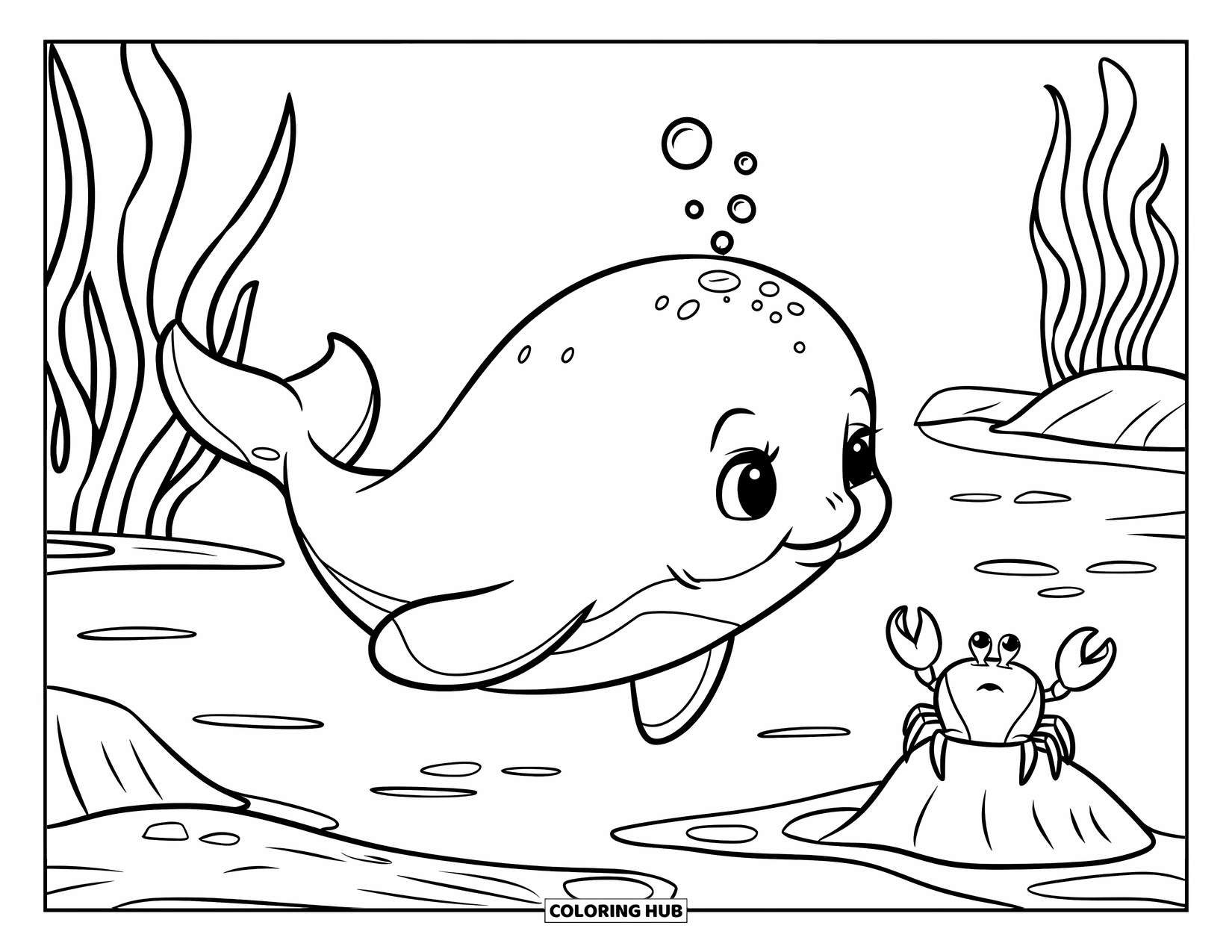 Whale Coloring Page for Kids: A curious baby whale releases bubbles while a crab watches from a seabed filled with seaweed