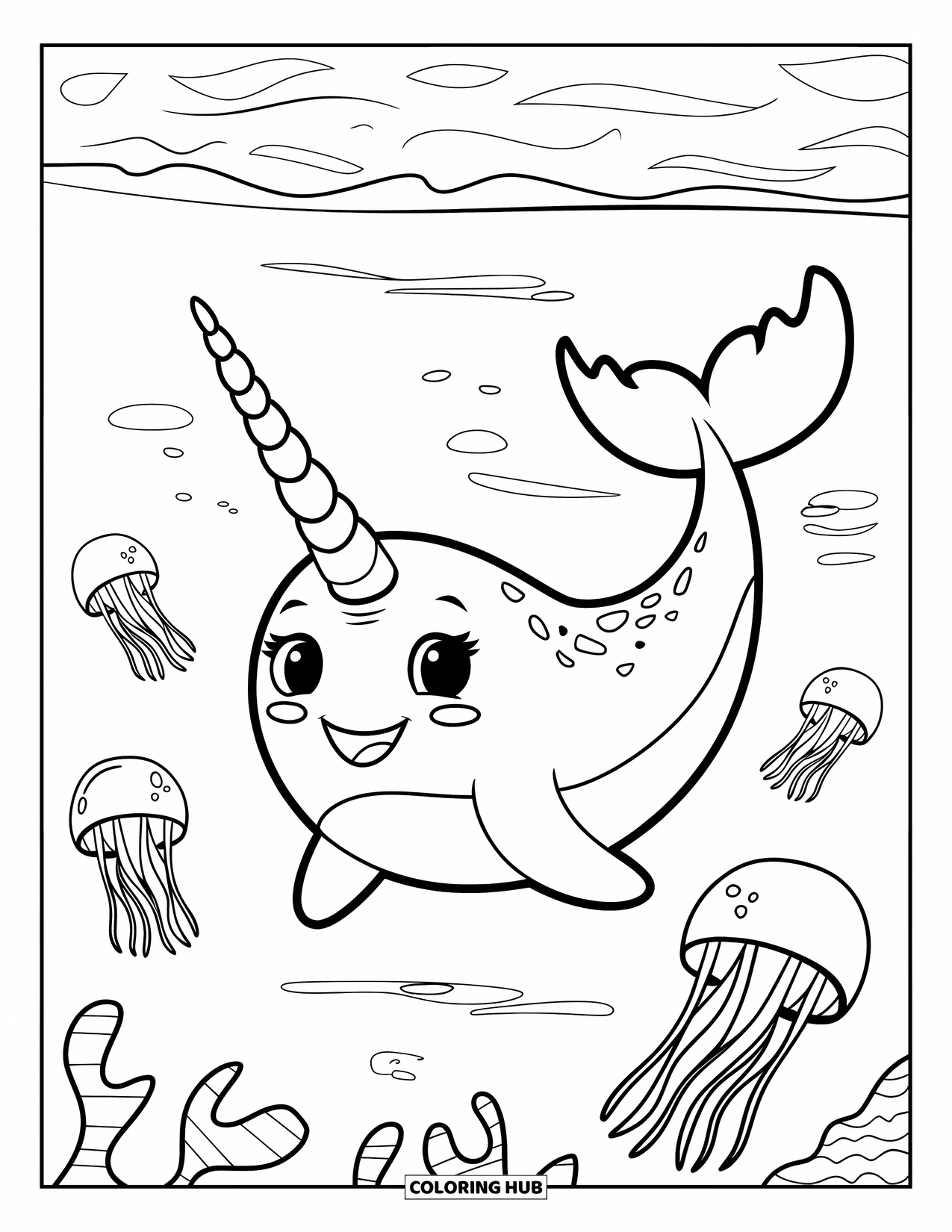 Whale Coloring Page for Kids: A cute narwhal drifts through calm waters, jellyfish gracefully moving around it