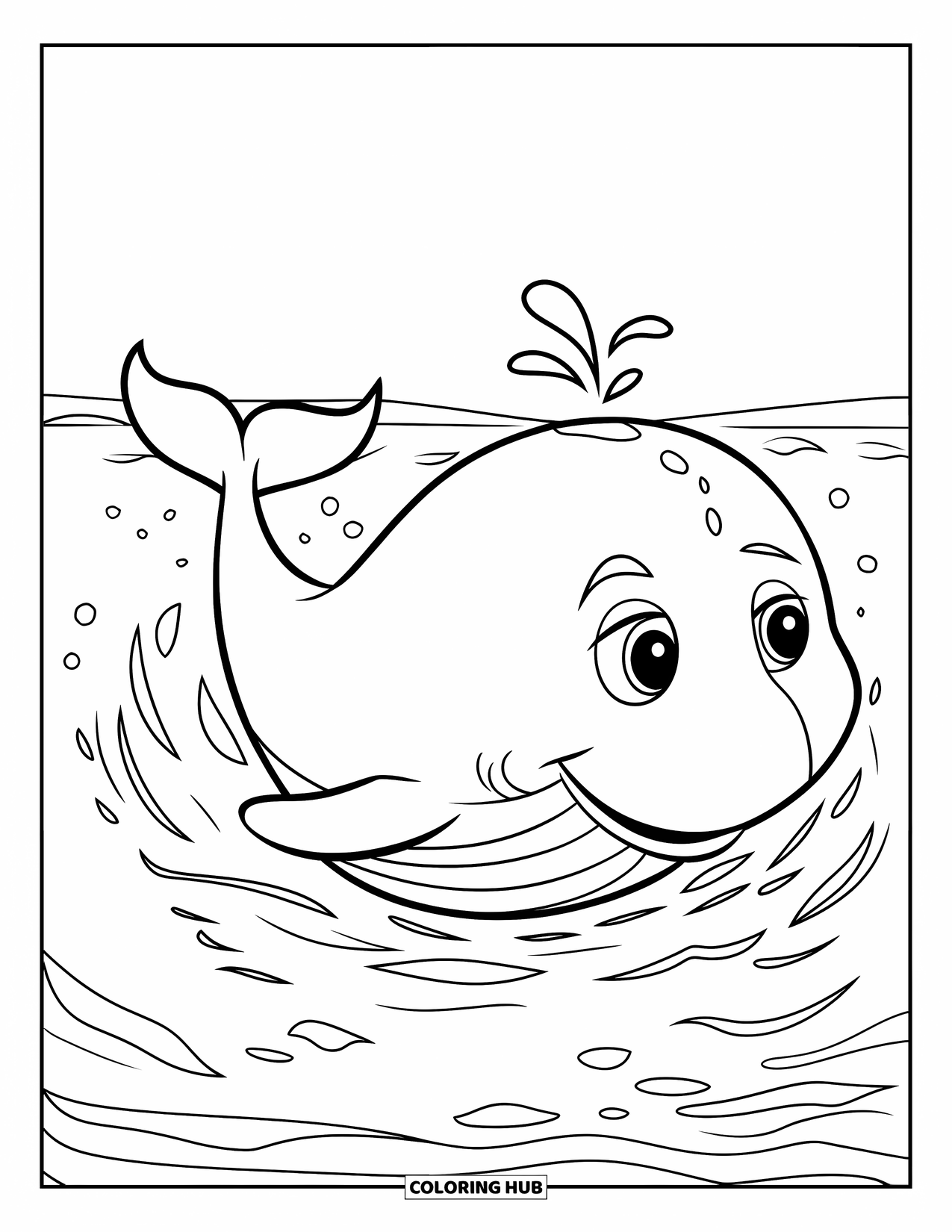 Whale Coloring Page for Kids: A friendly whale drifts in the ocean, its round body surrounded by floating bubbles