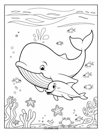 Coloriage de baleine pour enfants : Une baleine douce et un dauphin joueur nagent ensemble, entourés de poissons, d'étoiles de mer et d'un crabe