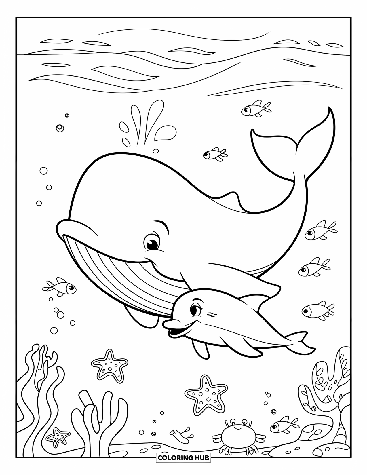 Whale Coloring Page for Kids: A gentle whale and a playful dolphin swim together, surrounded by fish, starfish, and a crab