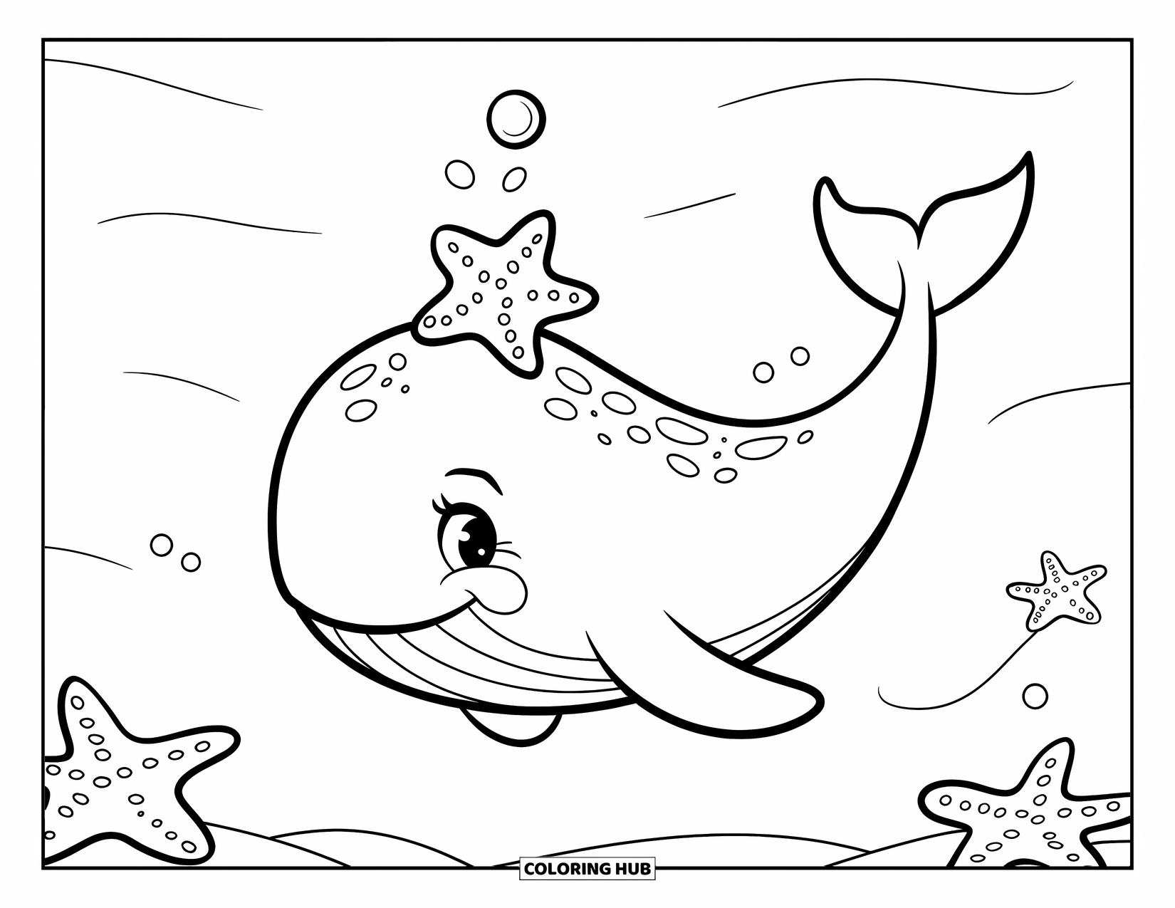 Whale Coloring Page for Kids: A happy whale drifts in the water, a tiny starfish resting gently on its back
