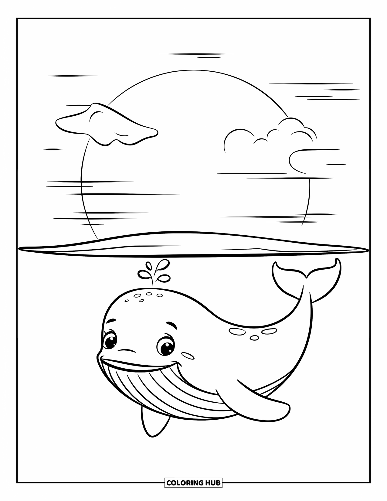 Whale Coloring Page for Kids: A happy whale floats near the surface, with a glowing sun and soft clouds in the sky