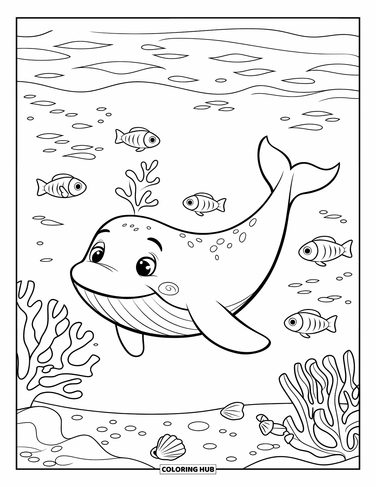 Whale Coloring Page for Kids: A happy whale glides through coral-filled waters, tiny fish darting around its smooth body