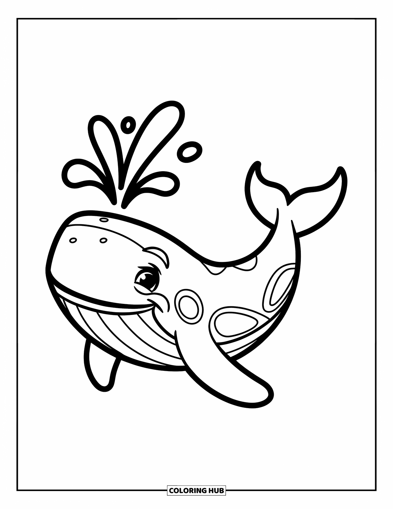 Whale Coloring Page for Kids: A happy whale spouts water from its blowhole, surrounded by gentle waves