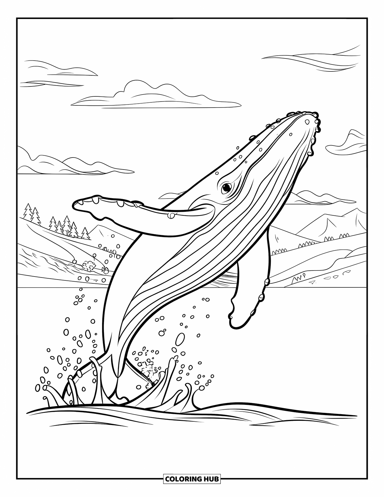 Whale Coloring Page for Kids: A humpback whale jumps high above the ocean, waves splashing beneath a sky with clouds