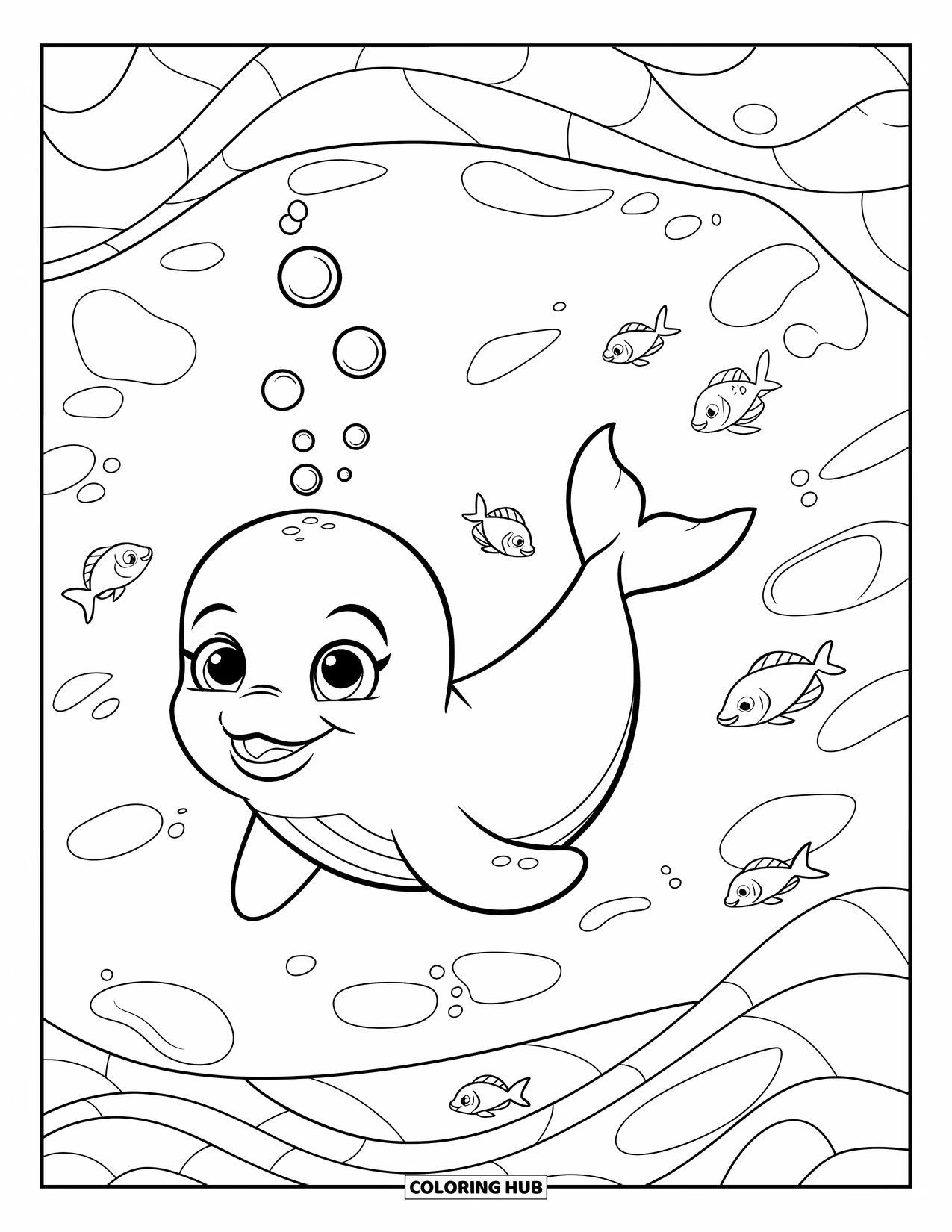 Whale Coloring Page for Kids: A joyful baby whale blows bubbles, playful fish surrounding it in the ocean waves