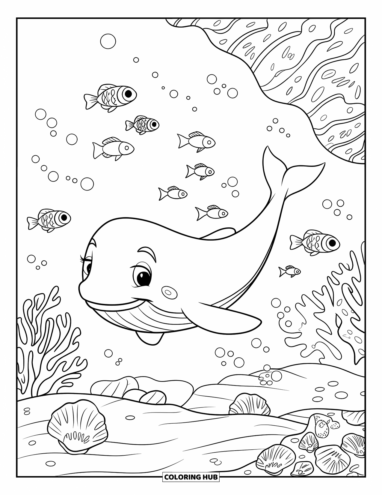 Whale Coloring Page for Kids: A joyful whale explores the ocean, surrounded by coral, small fish, and scattered seashells