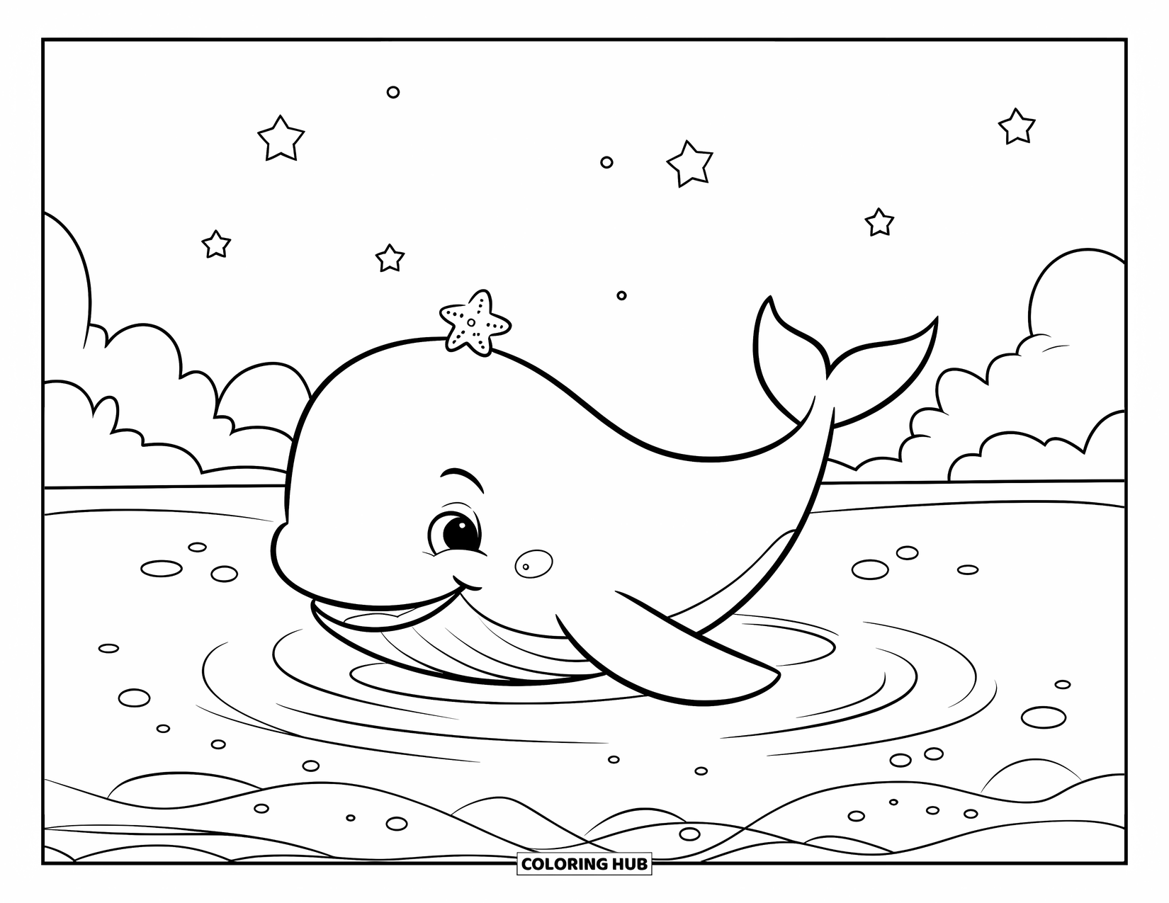 Whale Coloring Page for Kids: A joyful whale floats with a starfish on its back, bubbles rising in the peaceful sea