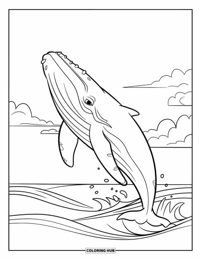 Coloriage de baleine pour enfants : Une baleine joyeuse s'élève de l'océan, des vagues se courbant sous un ciel parsemé de nuages ​​blancs