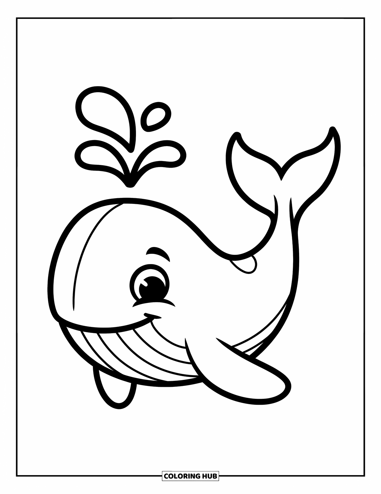 Whale Coloring Page for Kids: A joyful whale spouts water, its smooth body floating in the open ocean