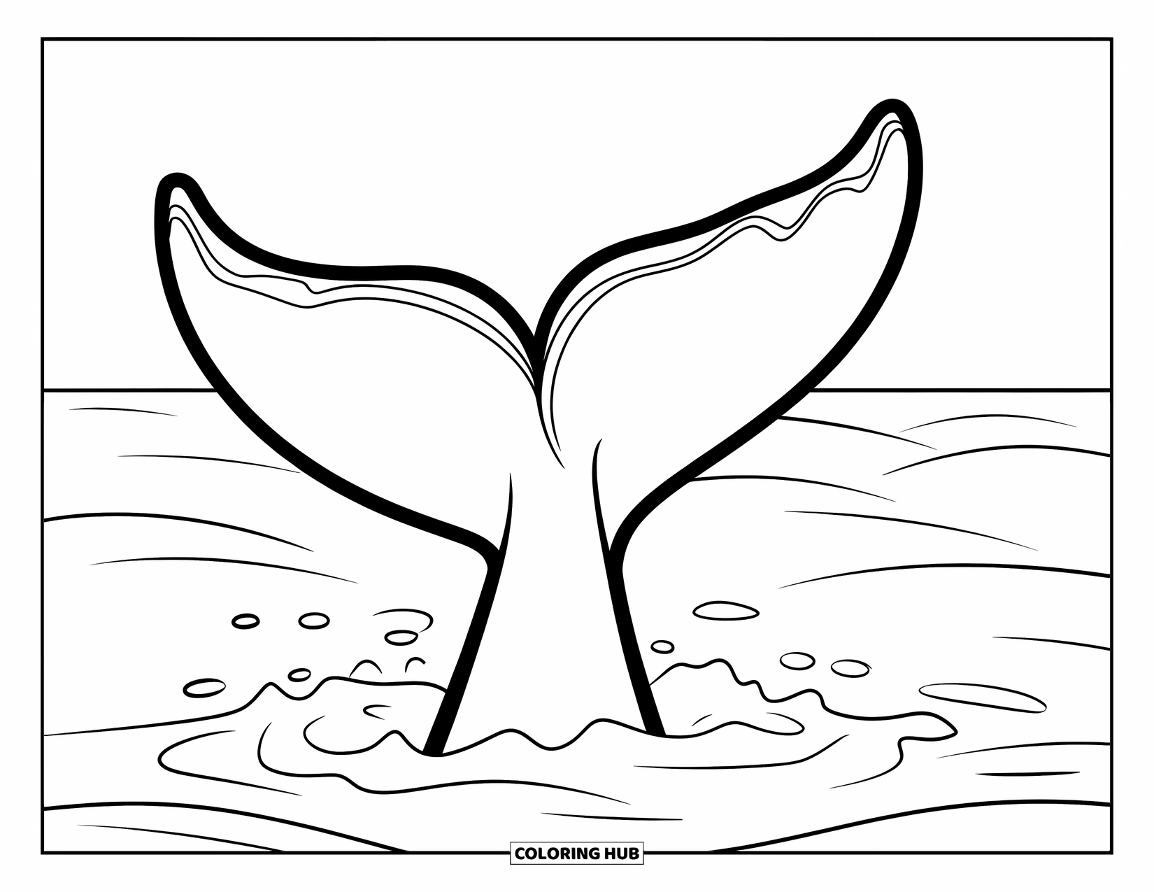 Whale Coloring Page for Kids: A large whale tail rises above the ocean, creating ripples in the calm water