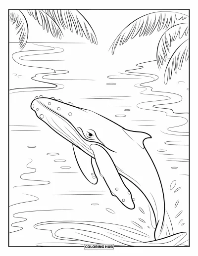 Coloriage de baleine pour enfants : Une baleine bondissante s'élève au-dessus de l'eau, avec une plage paisible et des palmiers se balançant derrière elle