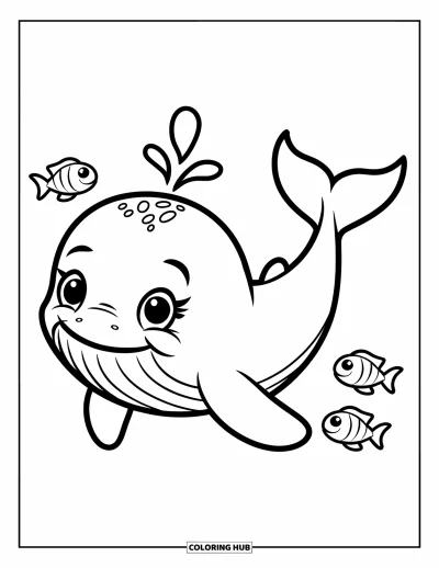 Coloriage de baleine pour enfants : Un bébé baleine vif nage joyeusement, de minuscules poissons se précipitant autour dans l'océan
