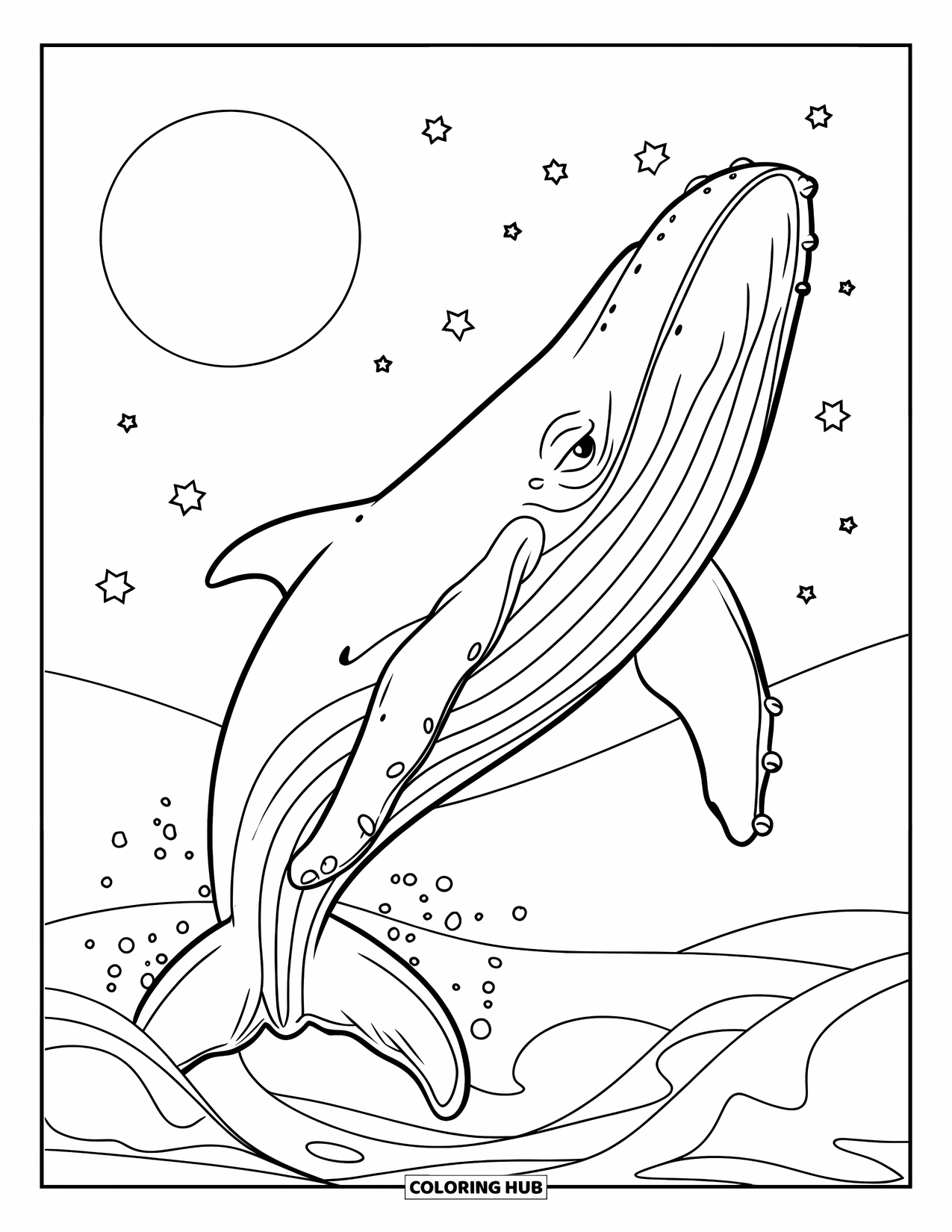 Whale Coloring Page for Kids: A majestic whale leaps under a glowing full moon, surrounded by ocean waves and twinkling stars